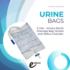 Endure Industries urine bag close-up highlighting anti-reflux valve.