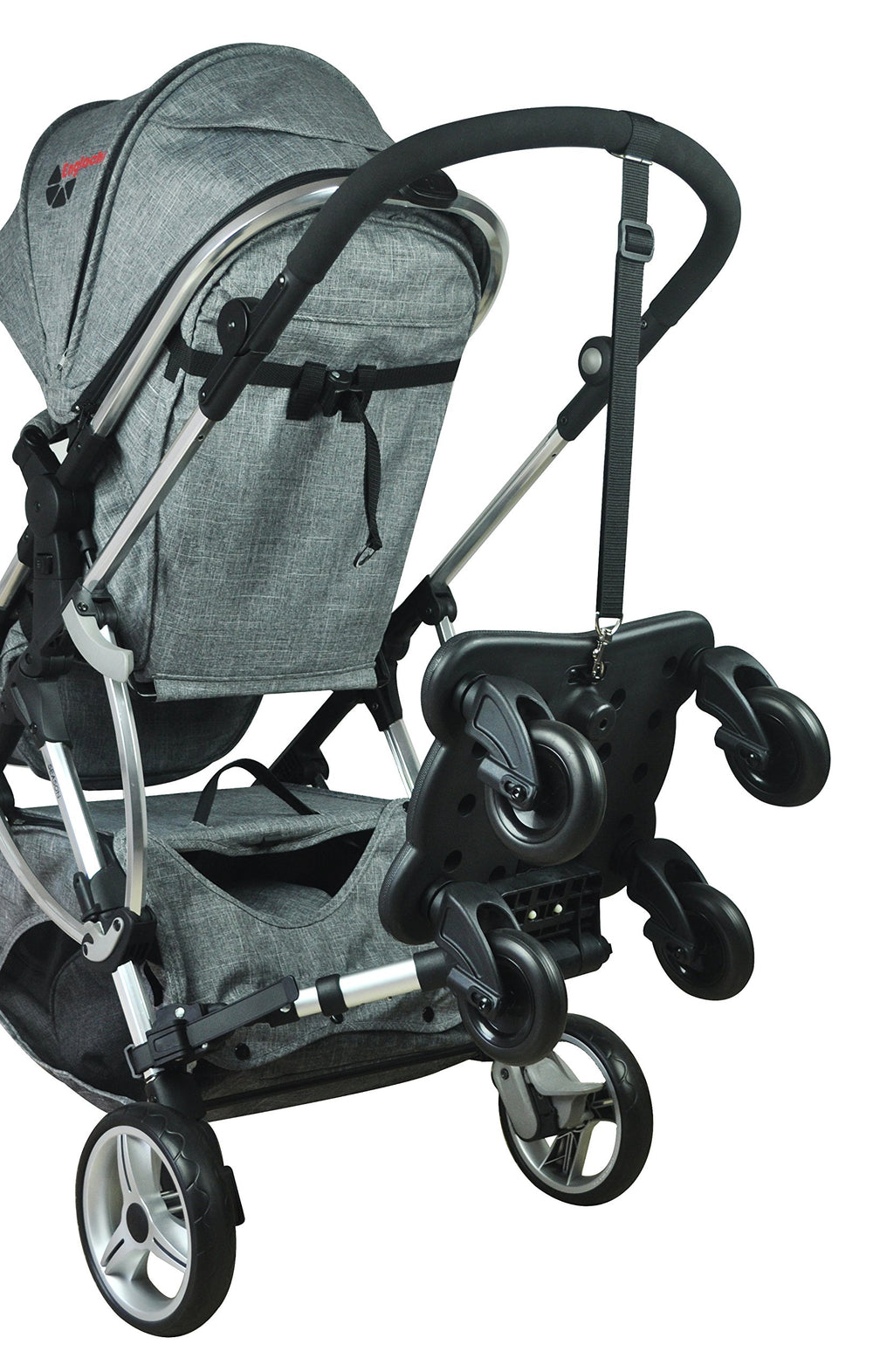 Englacha Cozy X Rider rear-bar attachment demonstrates universal fit on pram.