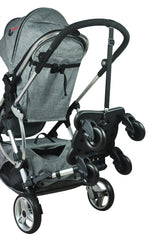 Englacha Cozy X Rider rear-bar attachment demonstrates universal fit on pram.