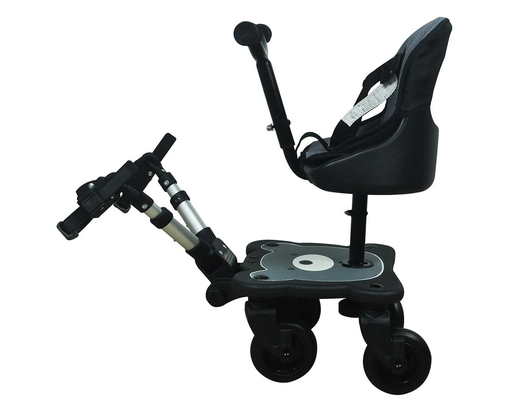 Englacha Cozy X Rider saddle seat attached to stroller for secure seating.