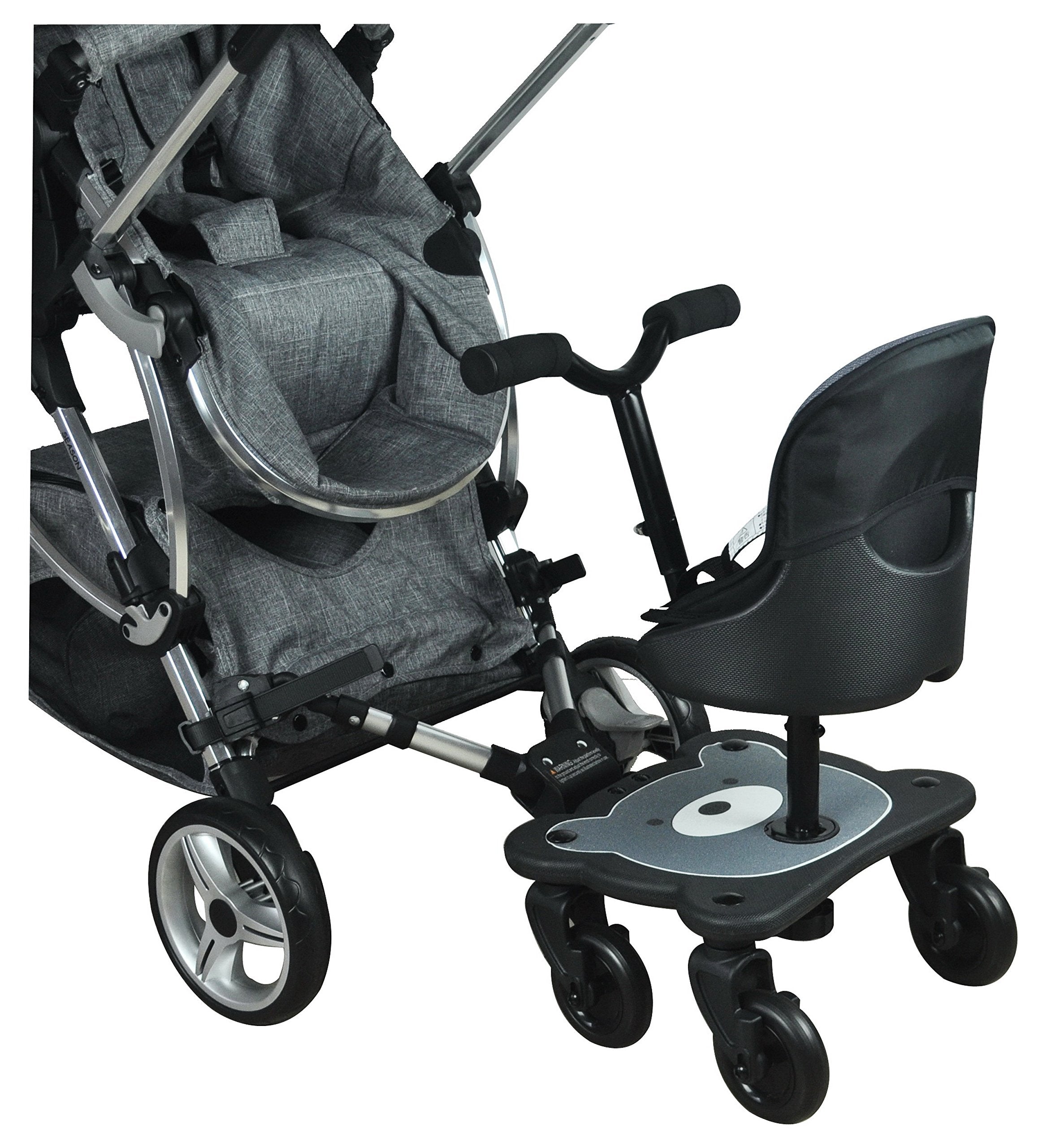 Englacha Cozy X Rider universal connectors shown on stroller rear bar.