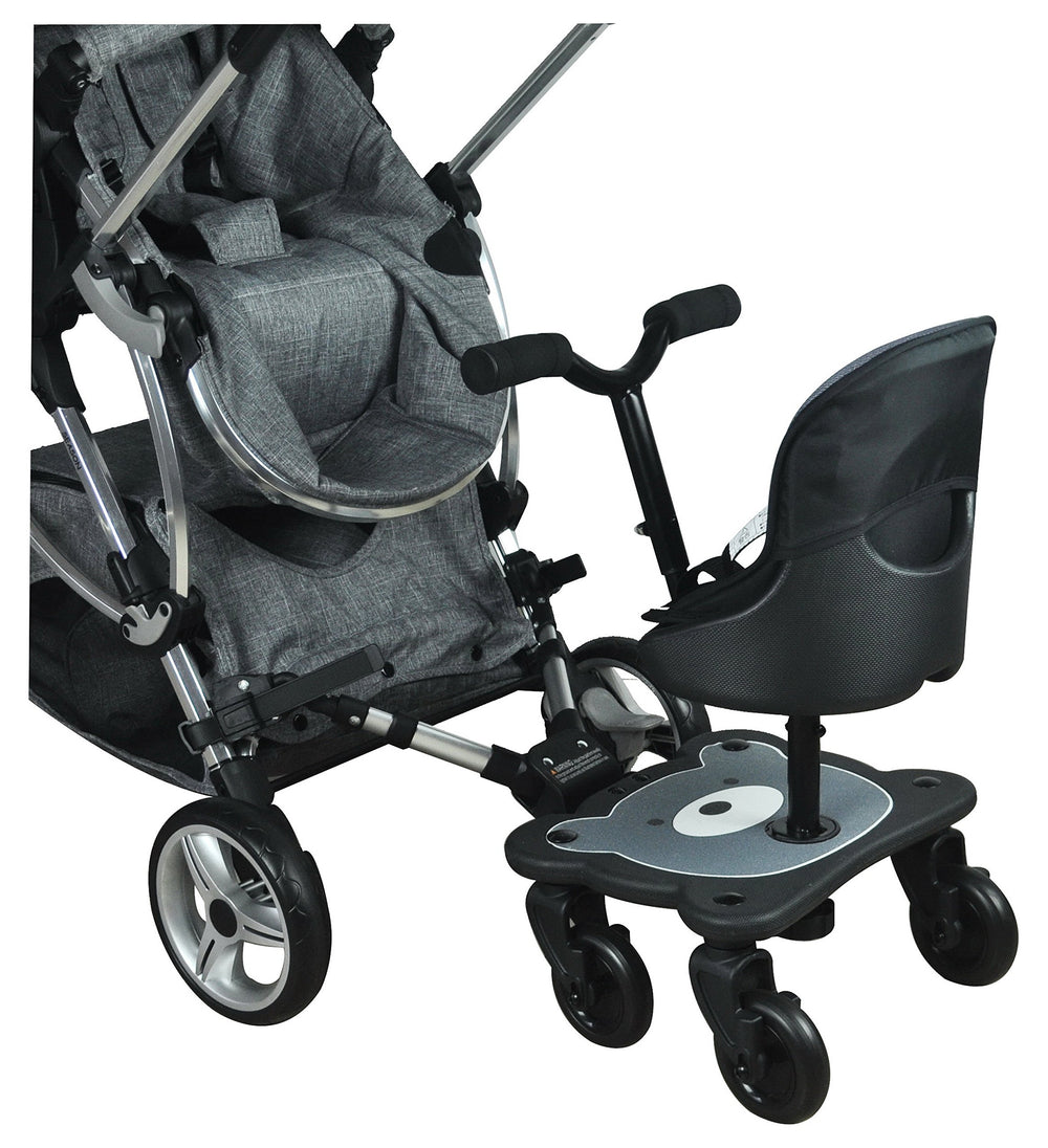 Englacha Cozy X Rider universal connectors shown on stroller rear bar.