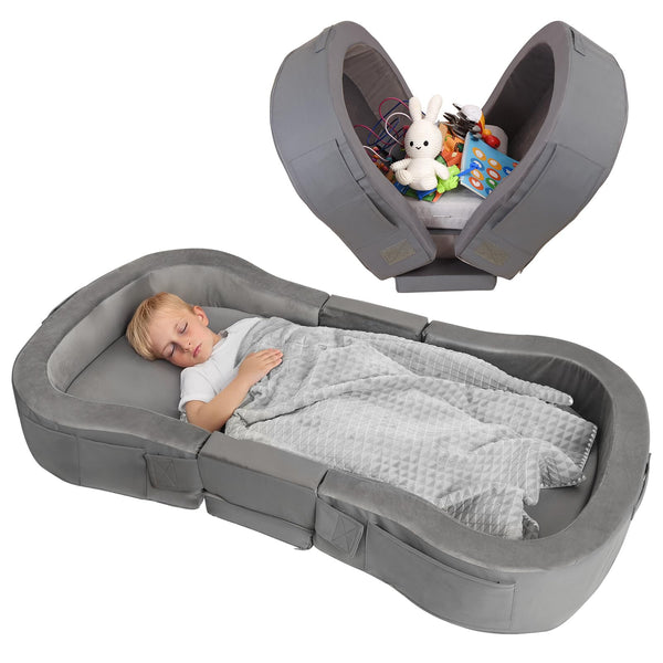 ENITYA portable toddler bed folded in carry bag for easy travel