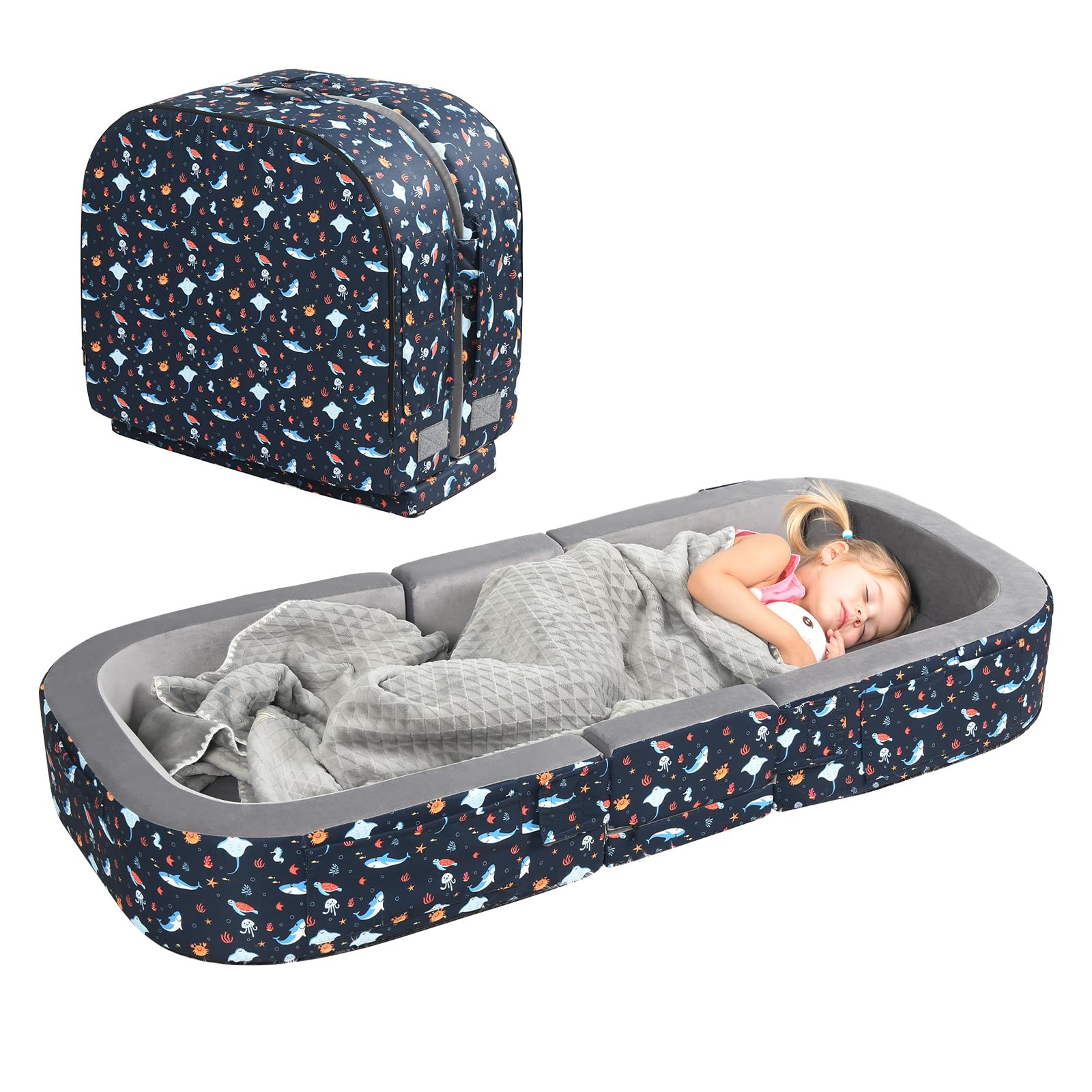 ENITYA Toddler Travel Bed foldable floor bed for easy transport and quick sleep setup.