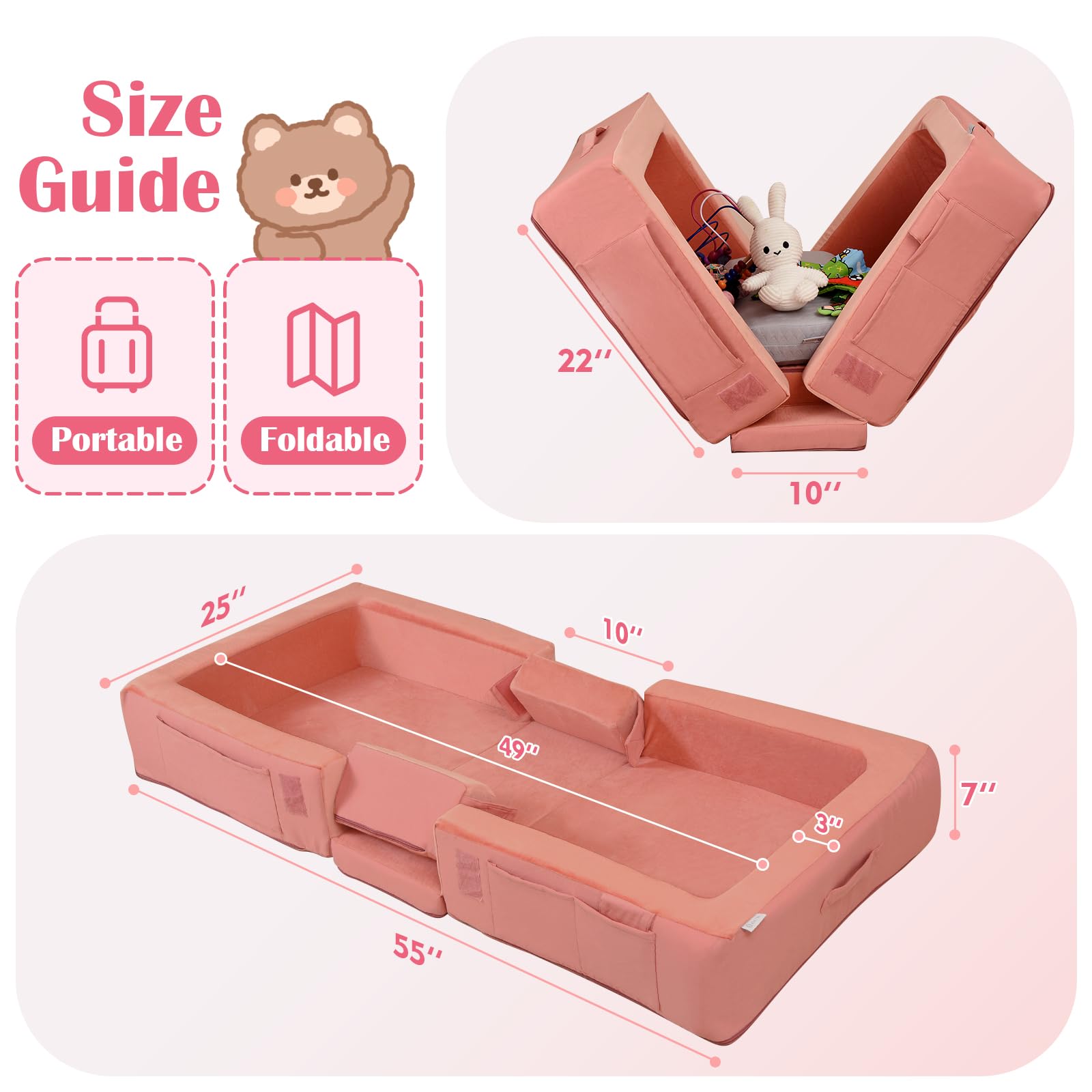 ENITYA toddler travel bed folded for easy portability during travel.