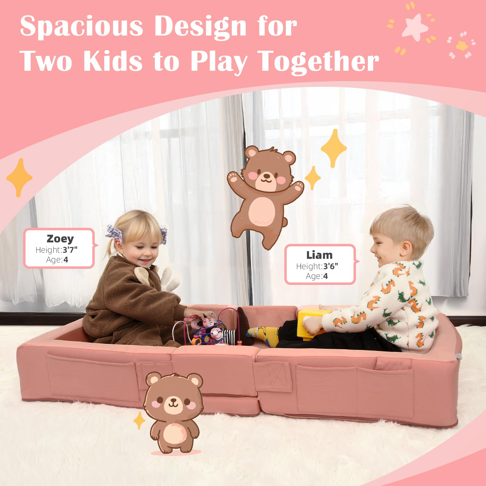 ENITYA toddler travel bed mattress detail shows 2-inch base and high-density foam.
