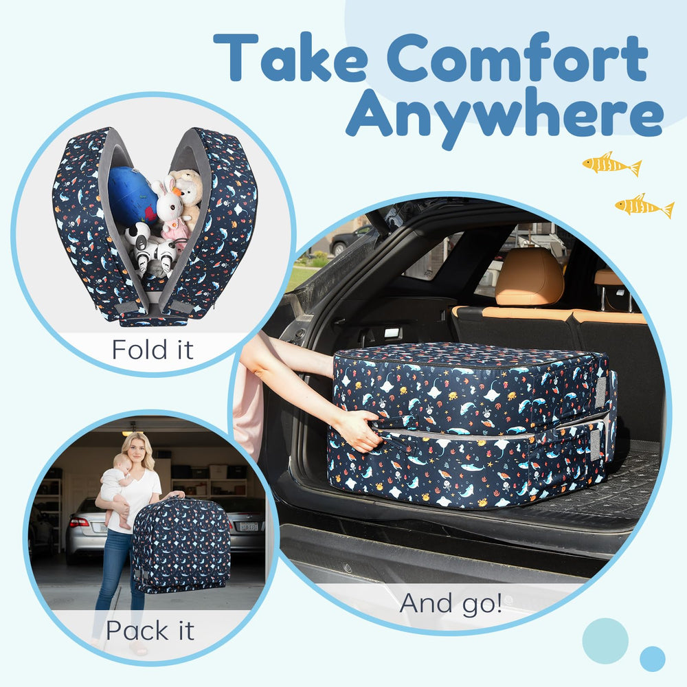 ENITYA travel bed features soft, durable fabric for daily use.
