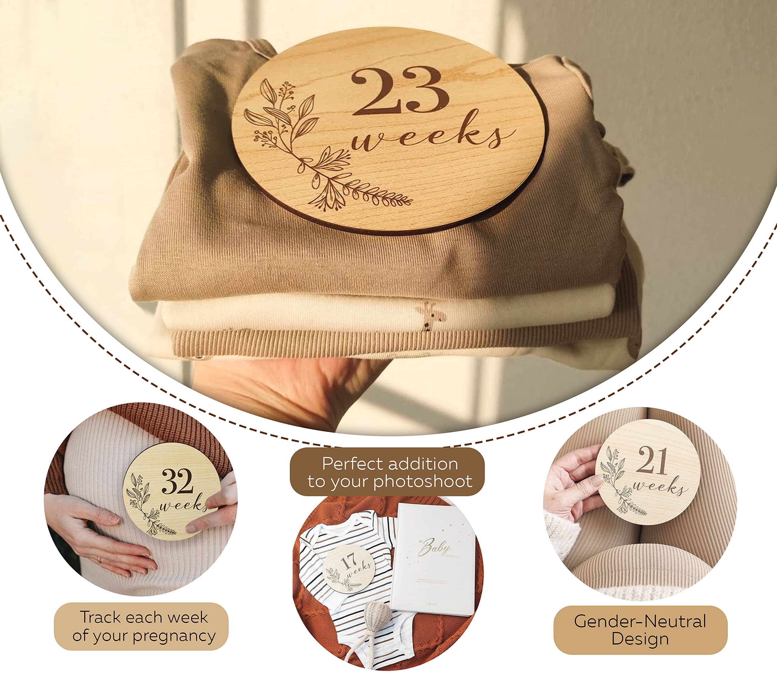 EnjoyMyDesign wooden milestone disc week 24 captures mid-pregnancy milestones in journals.