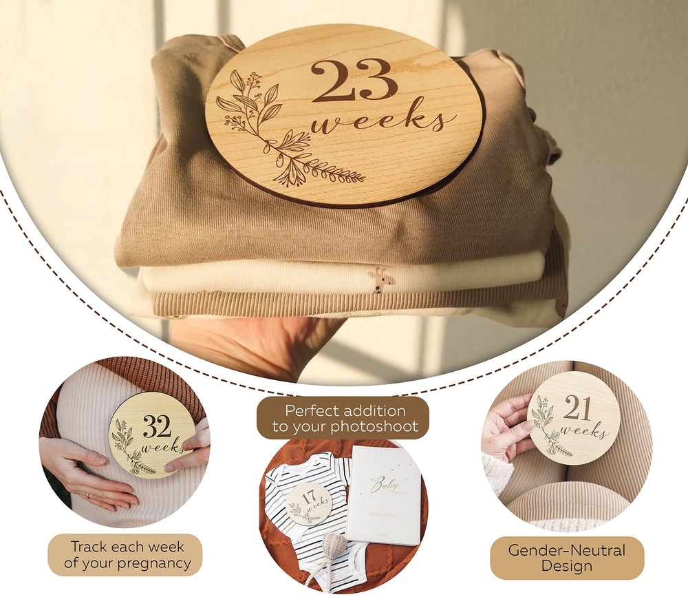 EnjoyMyDesign wooden milestone disc week 24 captures mid-pregnancy milestones in journals.