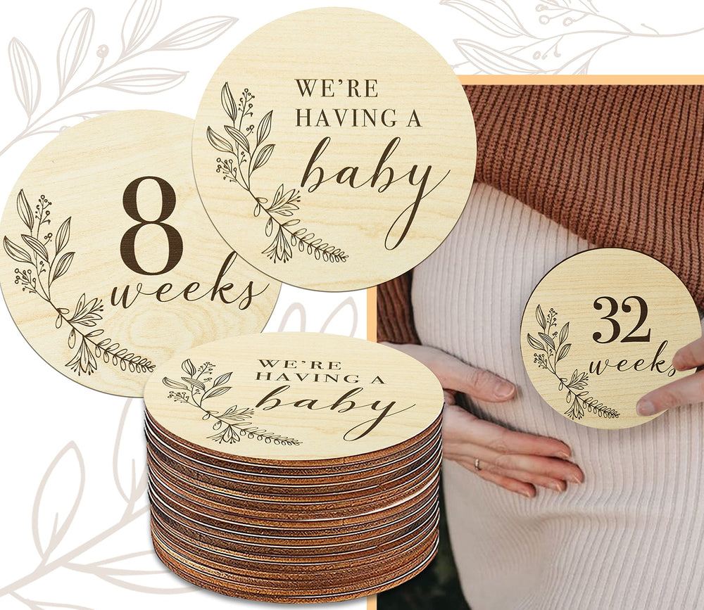 EnjoyMyDesign wooden milestone disc week 8 for pregnancy journaling and keepsakes.