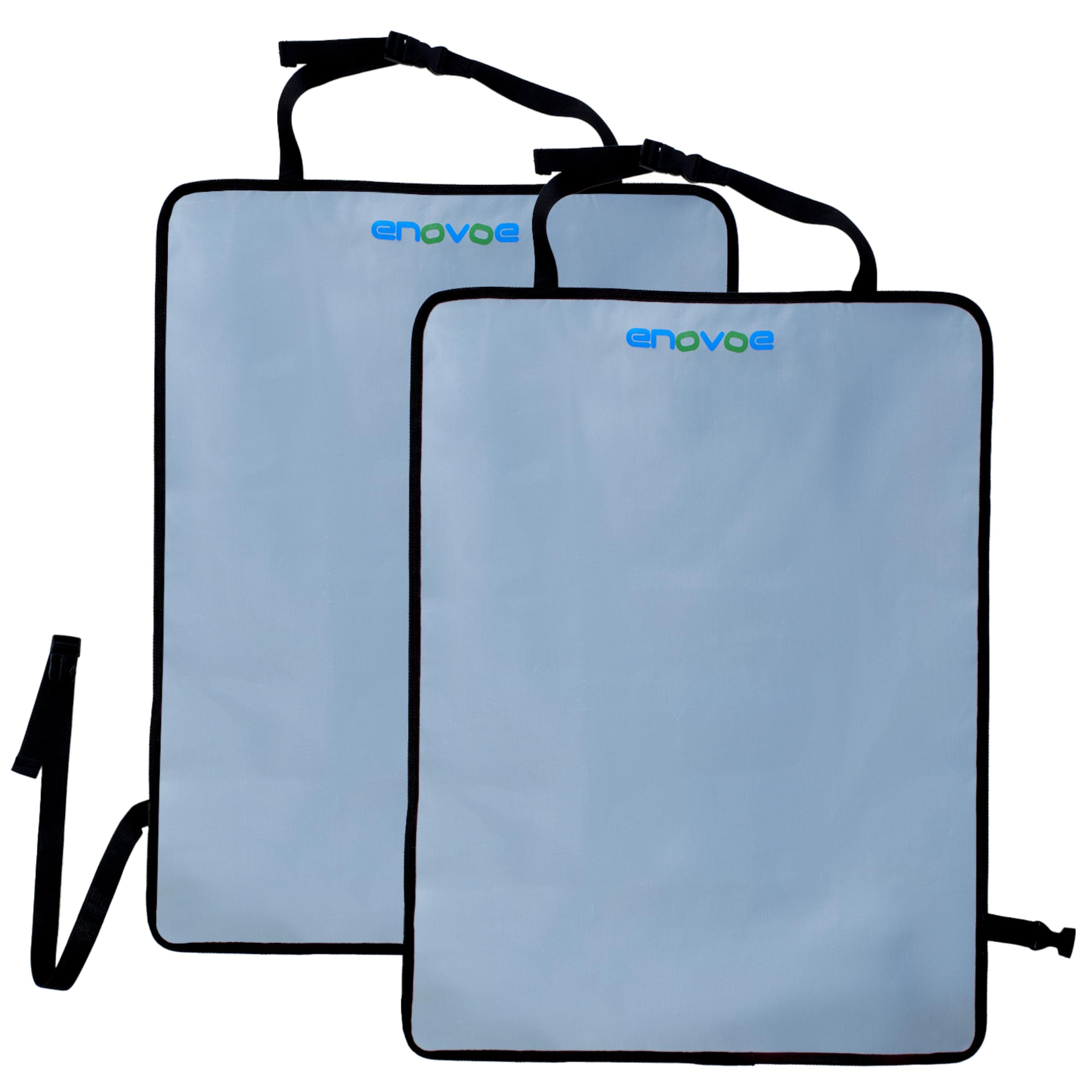 Enovoe kick mats on gray back seat protect upholstery.