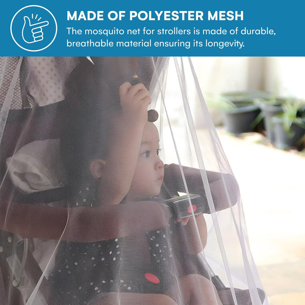 Enovoe blue bassinet mosquito net mesh shielding infant during nap time.