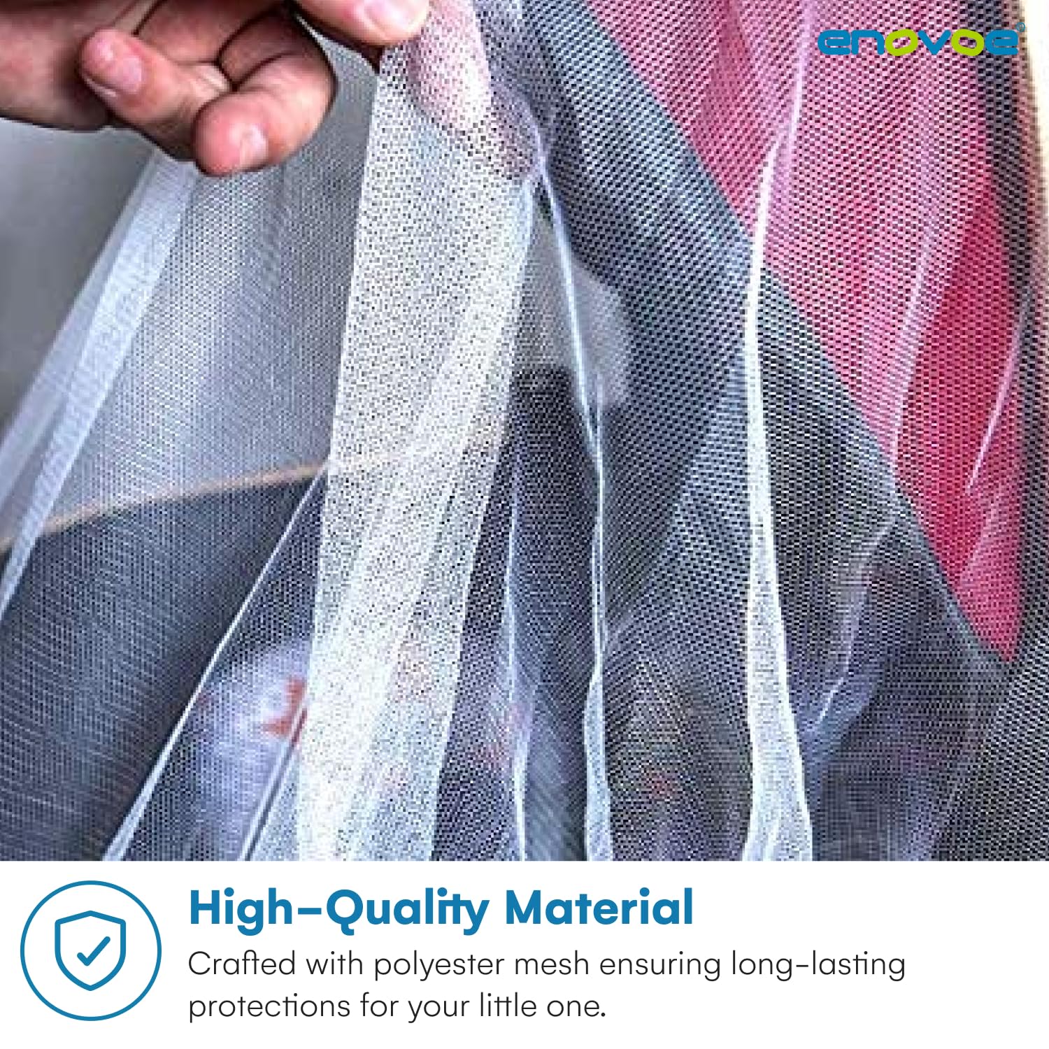 Enovoe blue mosquito net machine-washable for quick cleanup after outings.