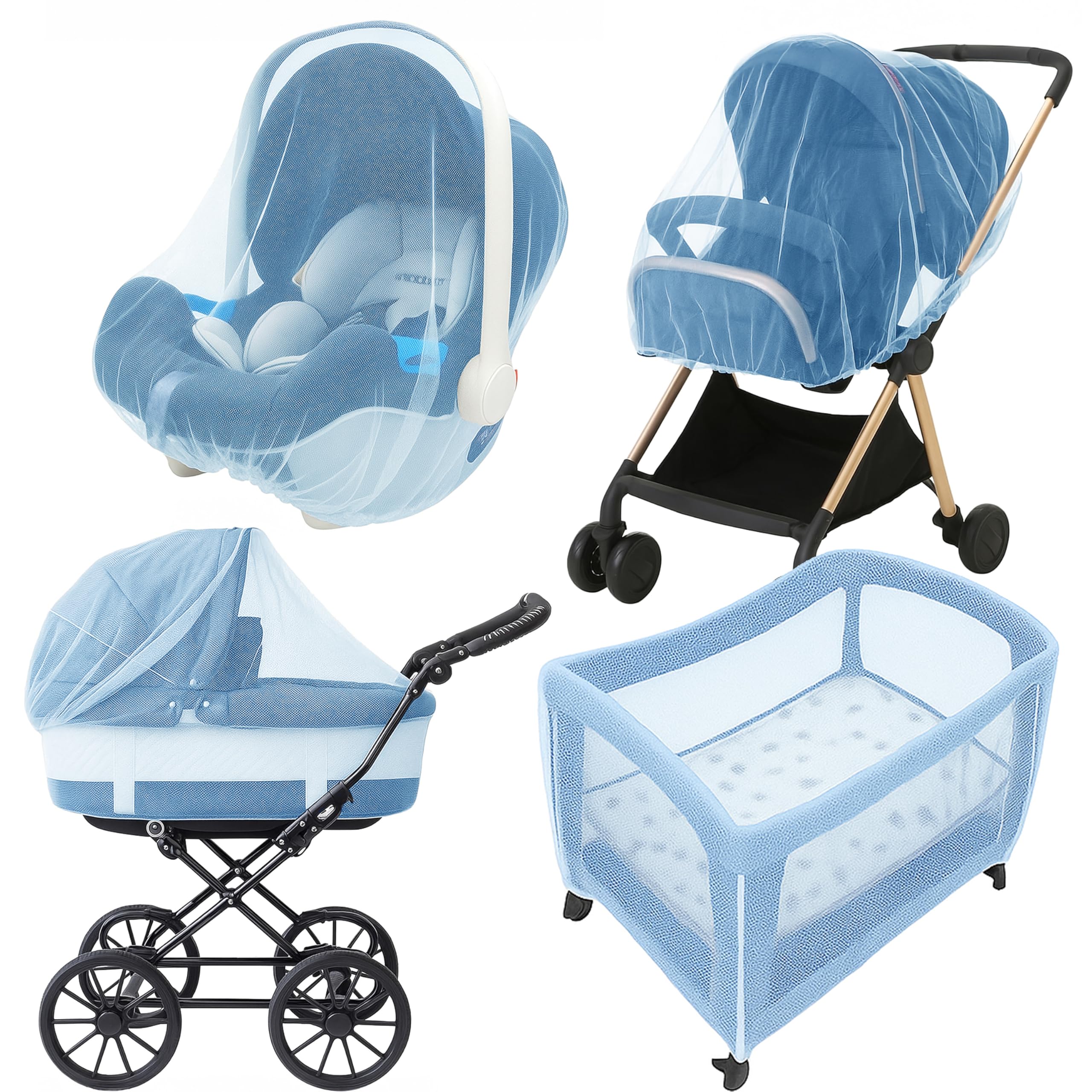 Enovoe blue stroller mosquito net cover protecting baby while airflow remains high.