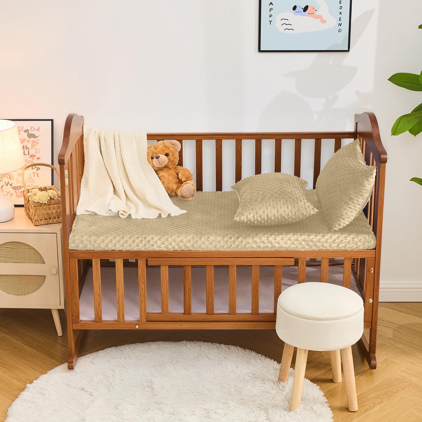 Entisn nursery essential beige sheet complements various nursery styles