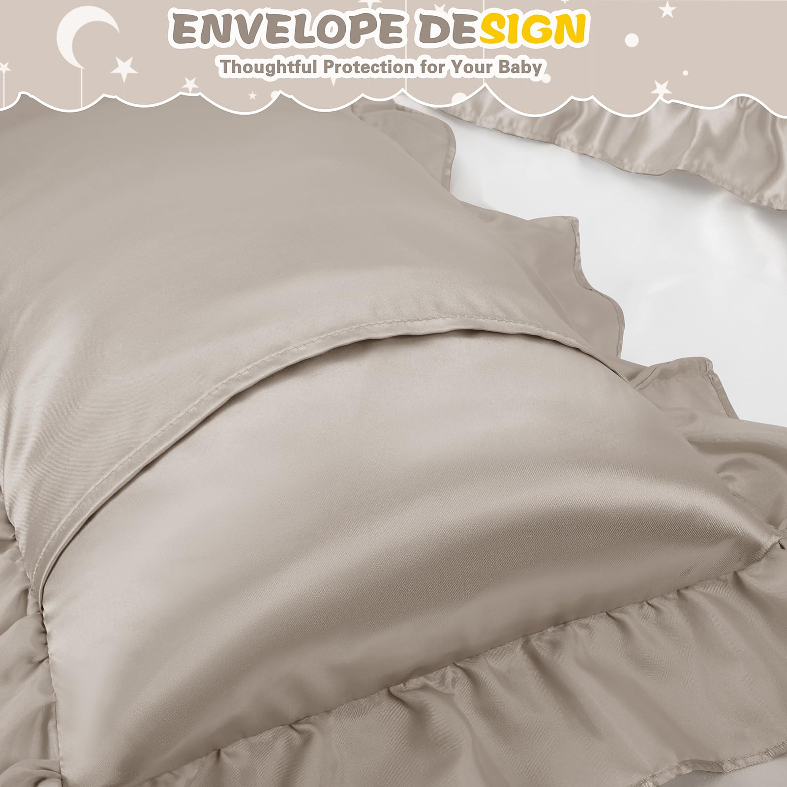 Entisn pillowcase in crib scene emphasizes cozy, secure sleep environment