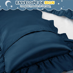 Entisn dark blue pillowcase features a 3-inch ruffle for charming nursery decor.