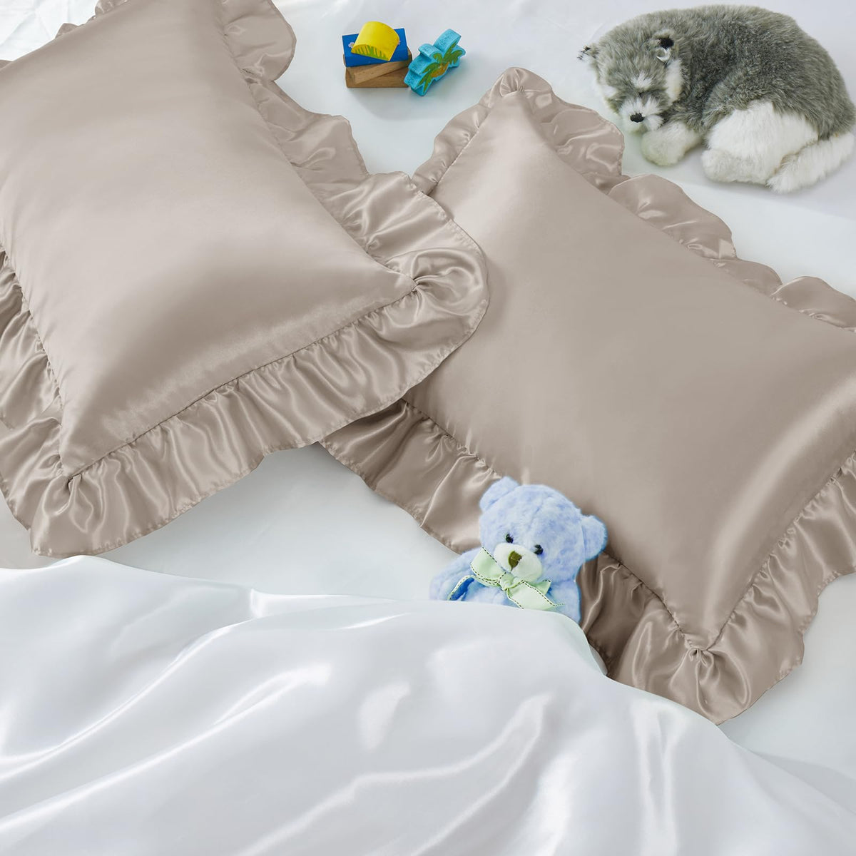 Entisn ruffle satin toddler pillowcase showing taupe color and 3-inch edge for comfy sleep