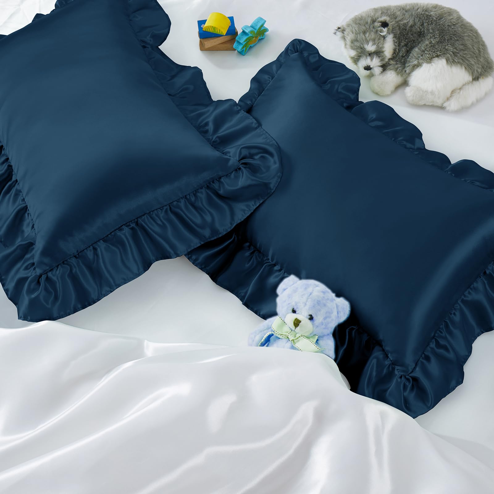 Entisn ruffle satin toddler pillowcase 14x20 in dark blue for gentle skin and hair.