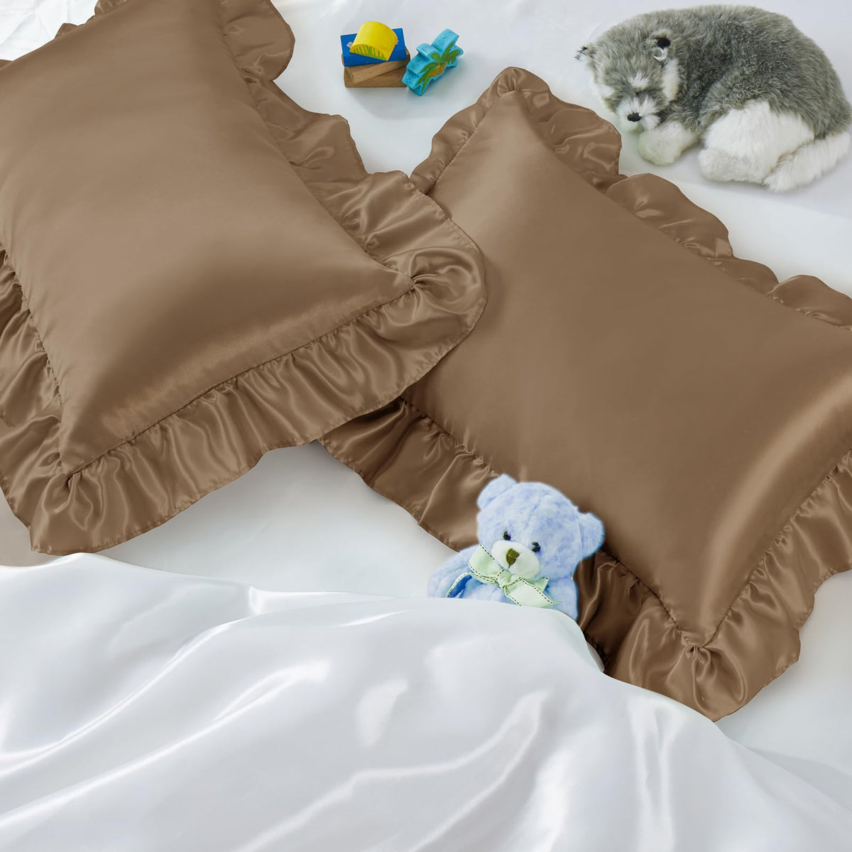 Entisn ruffle satin toddler pillowcase 2-pack, front view, delivering soft, silky comfort