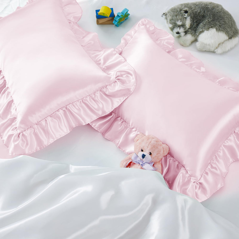 Entisn ruffle satin toddler pillowcase front view shows silky finish for cozy sleep