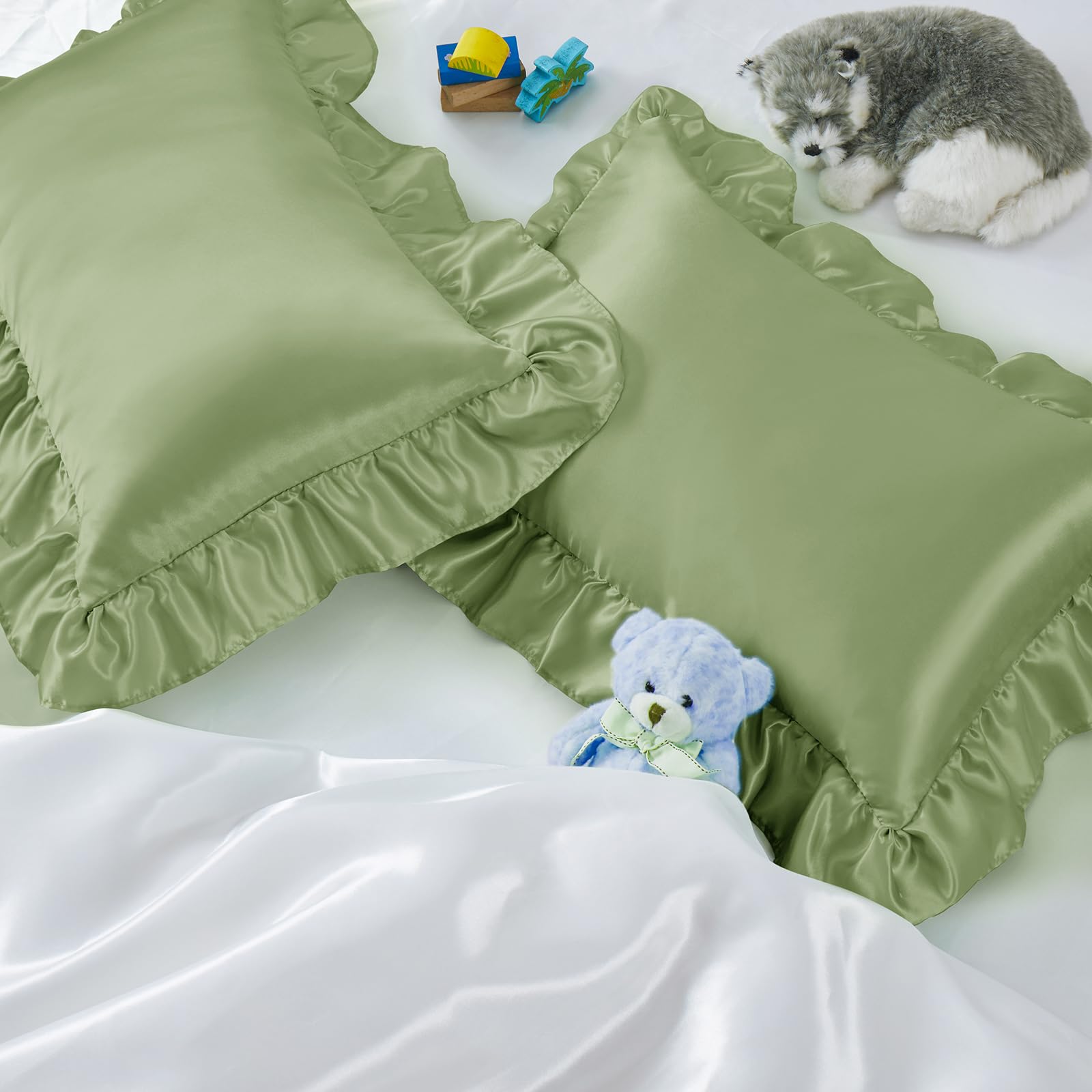 Entisn ruffle satin toddler pillowcase in sage green, soft on skin and hair