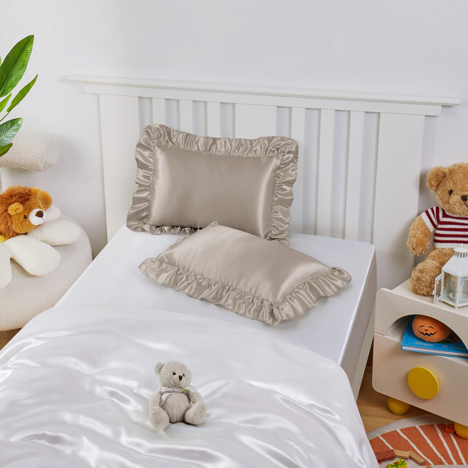 Entisn taupe satin tone complements nursery decor and calm mood