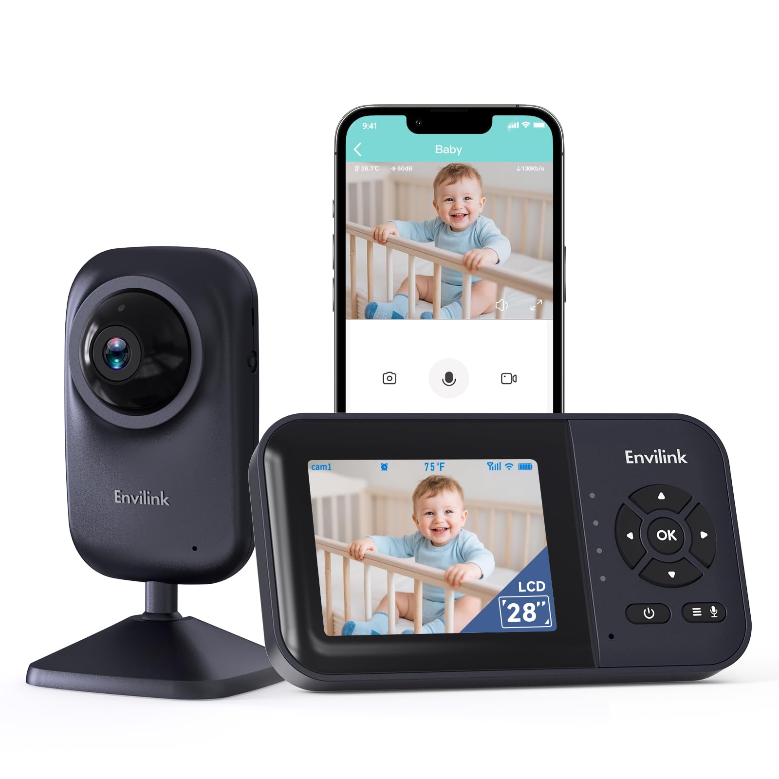 Envilink video baby monitor with 2.8-inch screen for easy at-home baby monitoring.