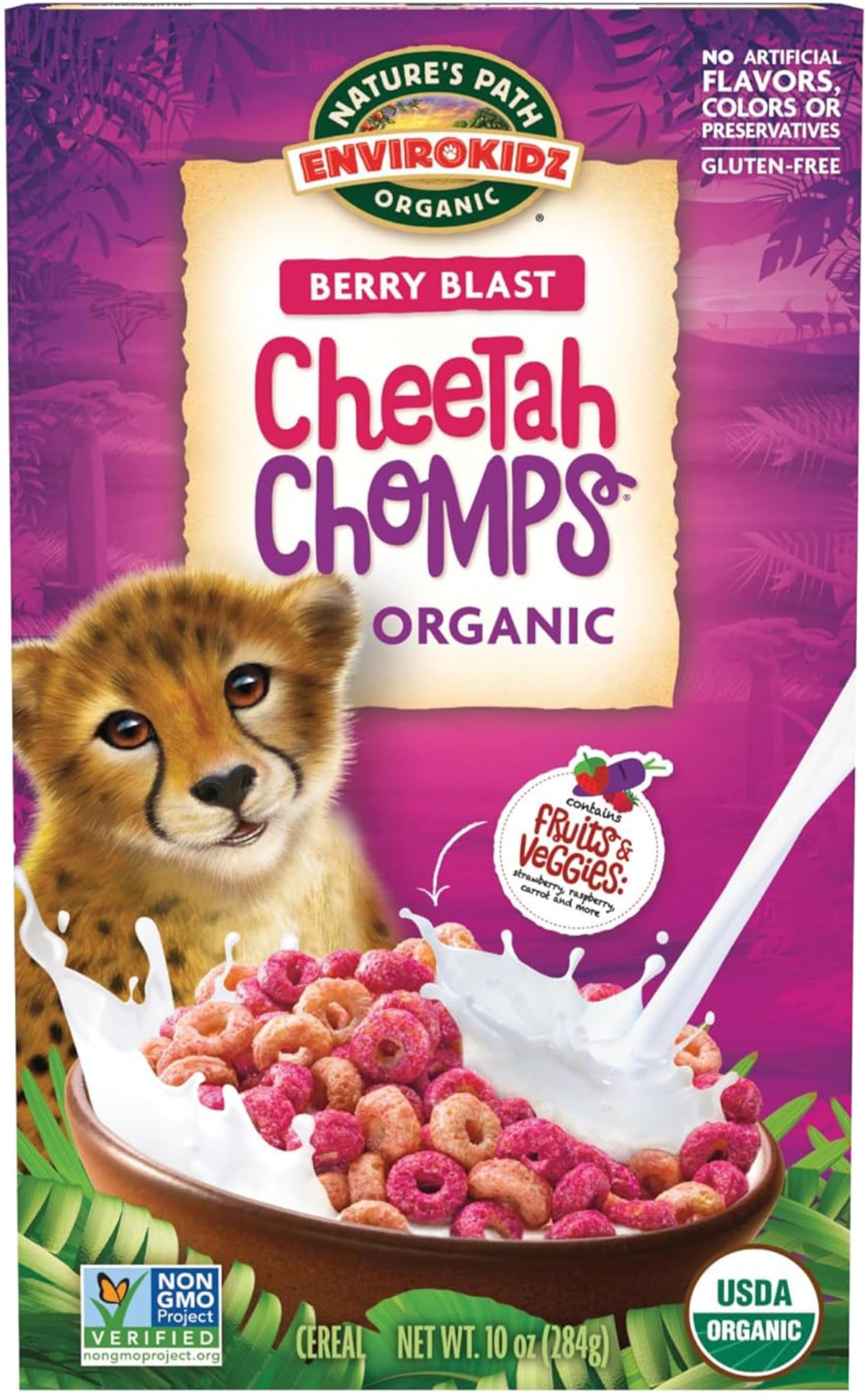 EnviroKidz Nature's Path Cheetah Chomps Berry Blast box front, gluten-free breakfast option.