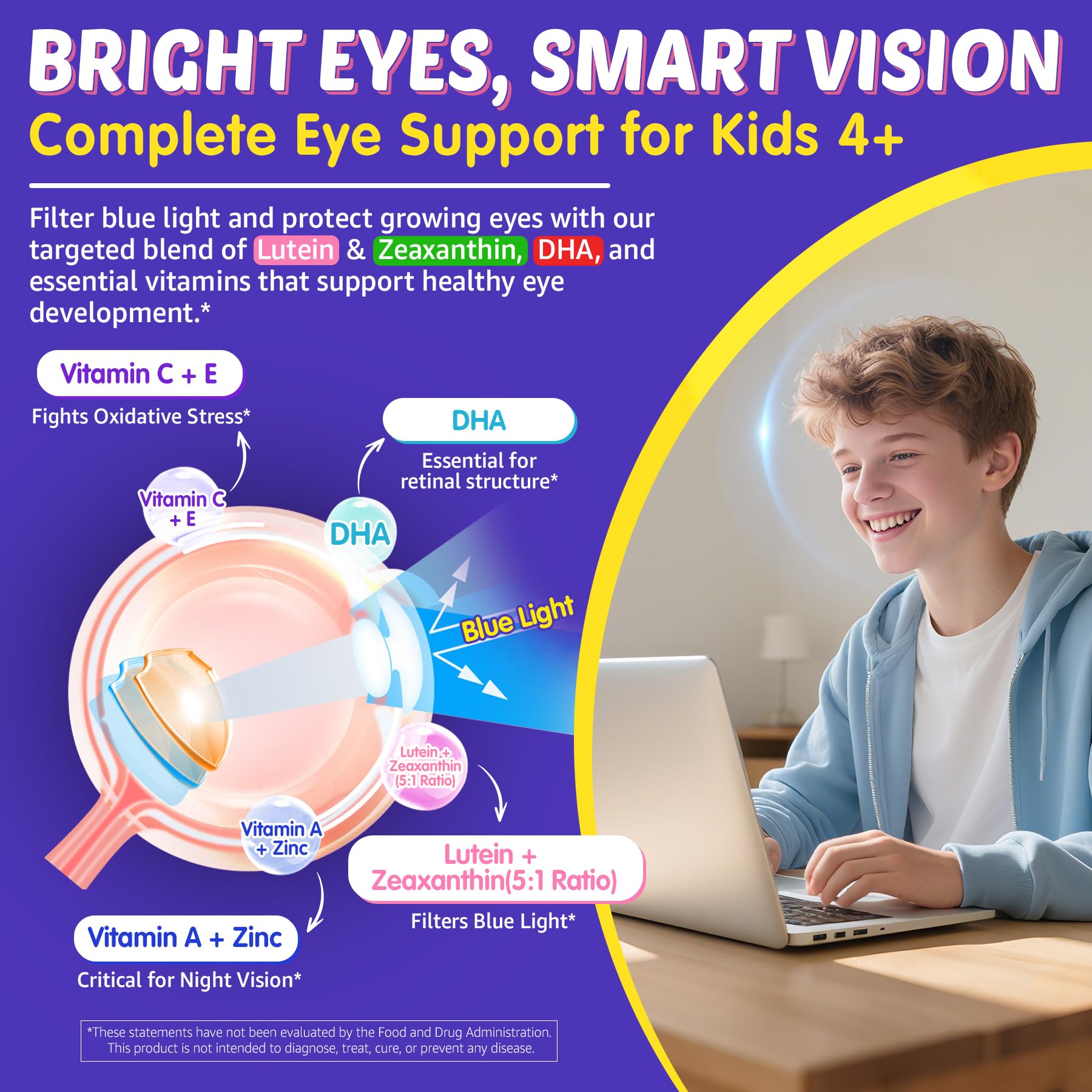 Eye health icon with lutein and DHA in EnvyCure gummies