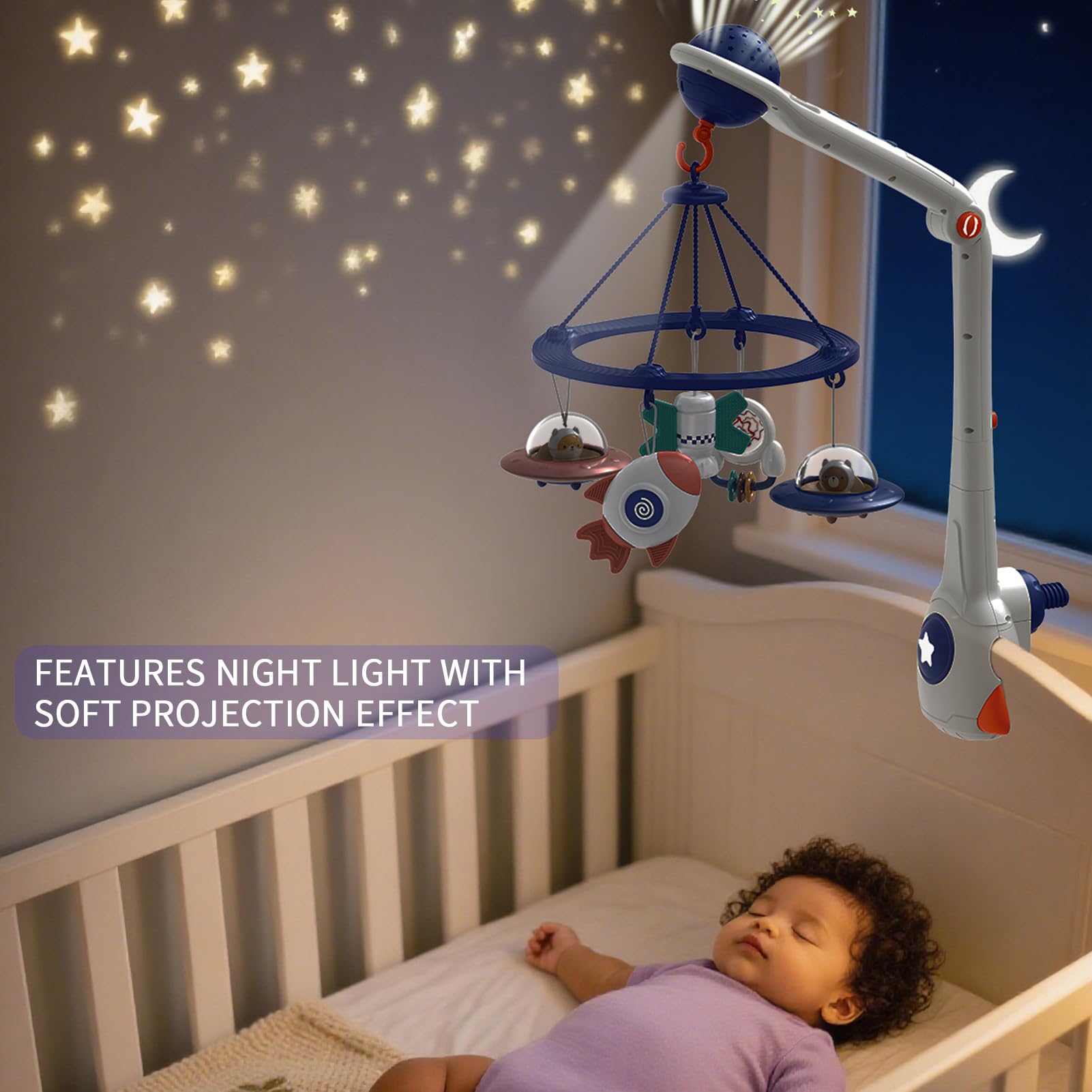 EonianHolme space mobile crib attachment fits rails quickly and securely