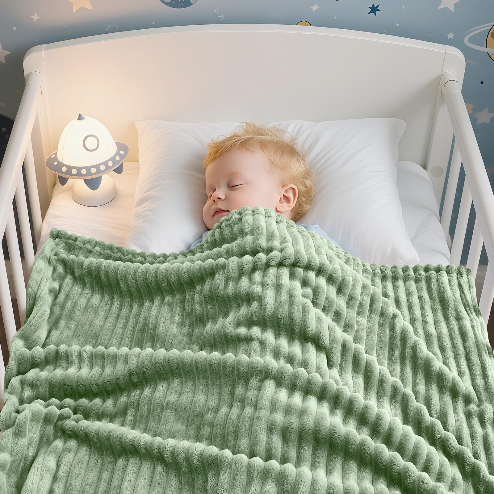 Eonkasp soft fleece blanket swaddle-ready in sage stripes