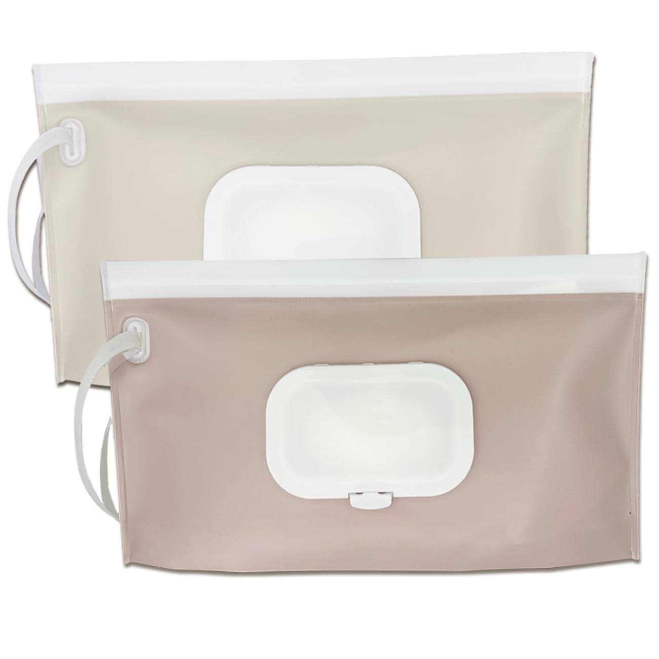 EOSCasely wipe dispenser two-pack side view in blush pink and cream, portable for travel