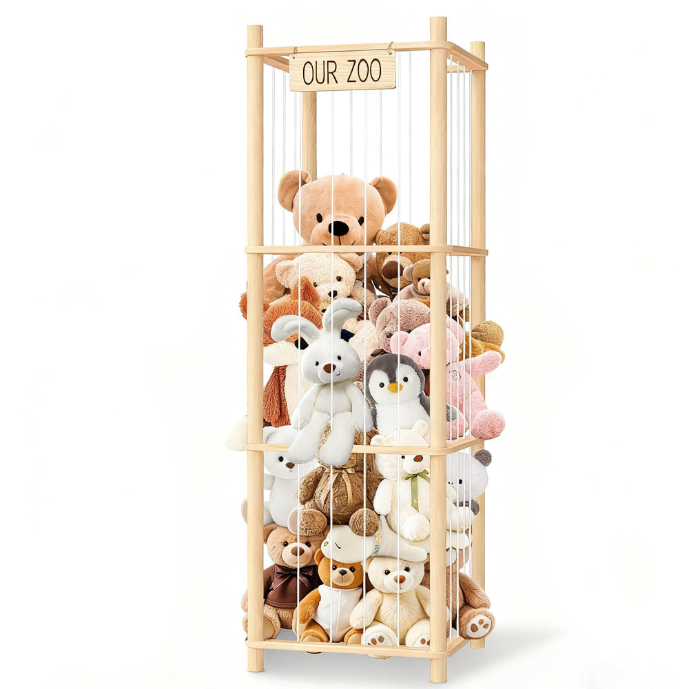 EQGDU wooden zoo cage display front view keeps plush toys organized in a kid's room.