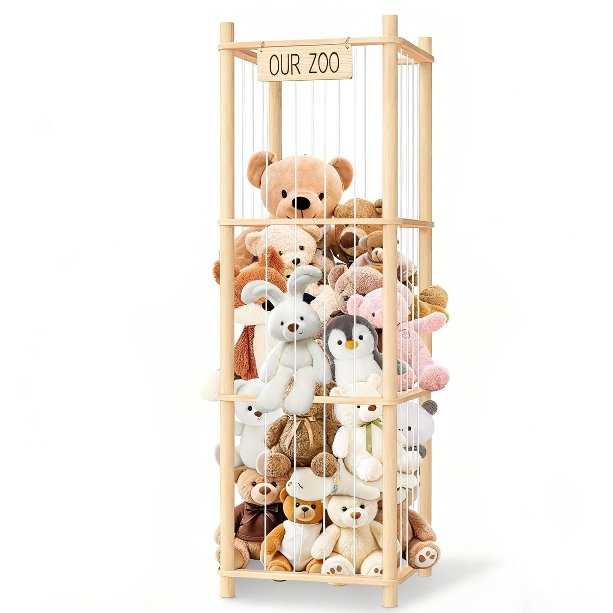 EQGDU wooden zoo cage display front view keeps plush toys organized in a kid's room.