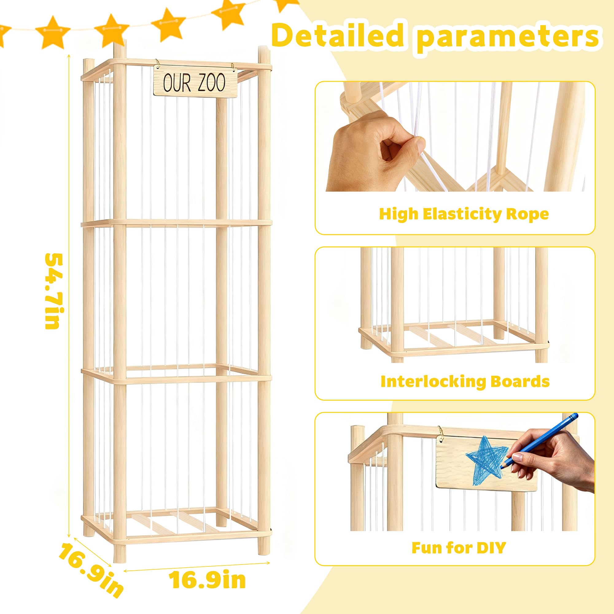EQGDU wooden zoo cage display side view highlights sturdy construction and safety.