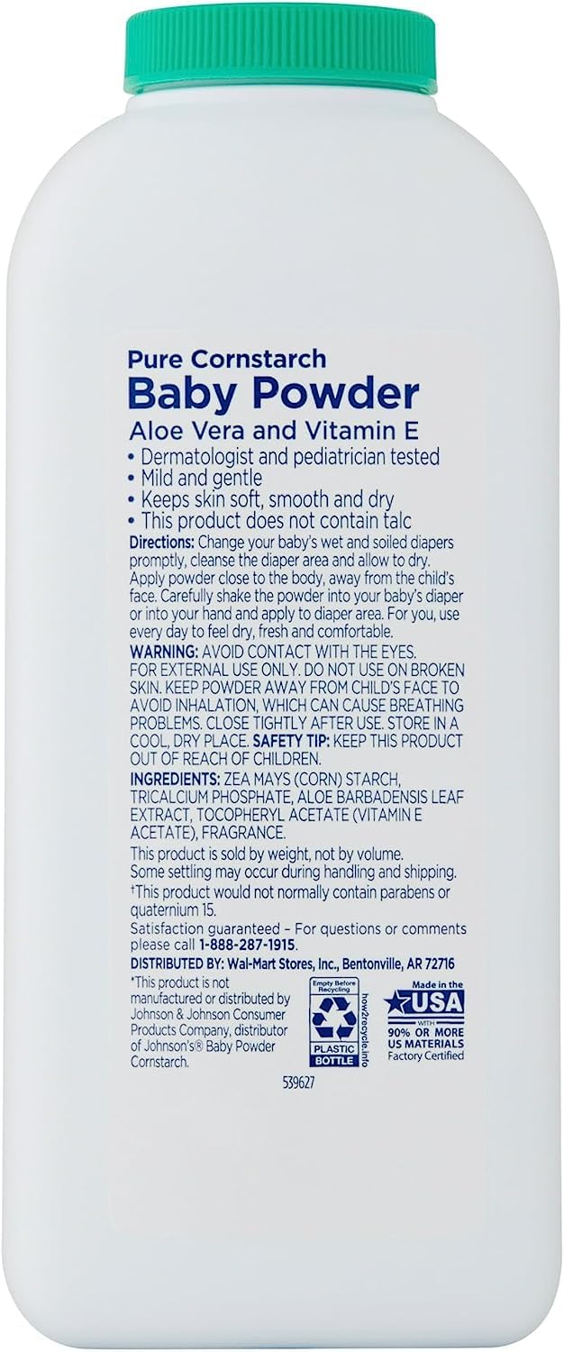 Equate baby powder application on skin highlights softness and moisture control.