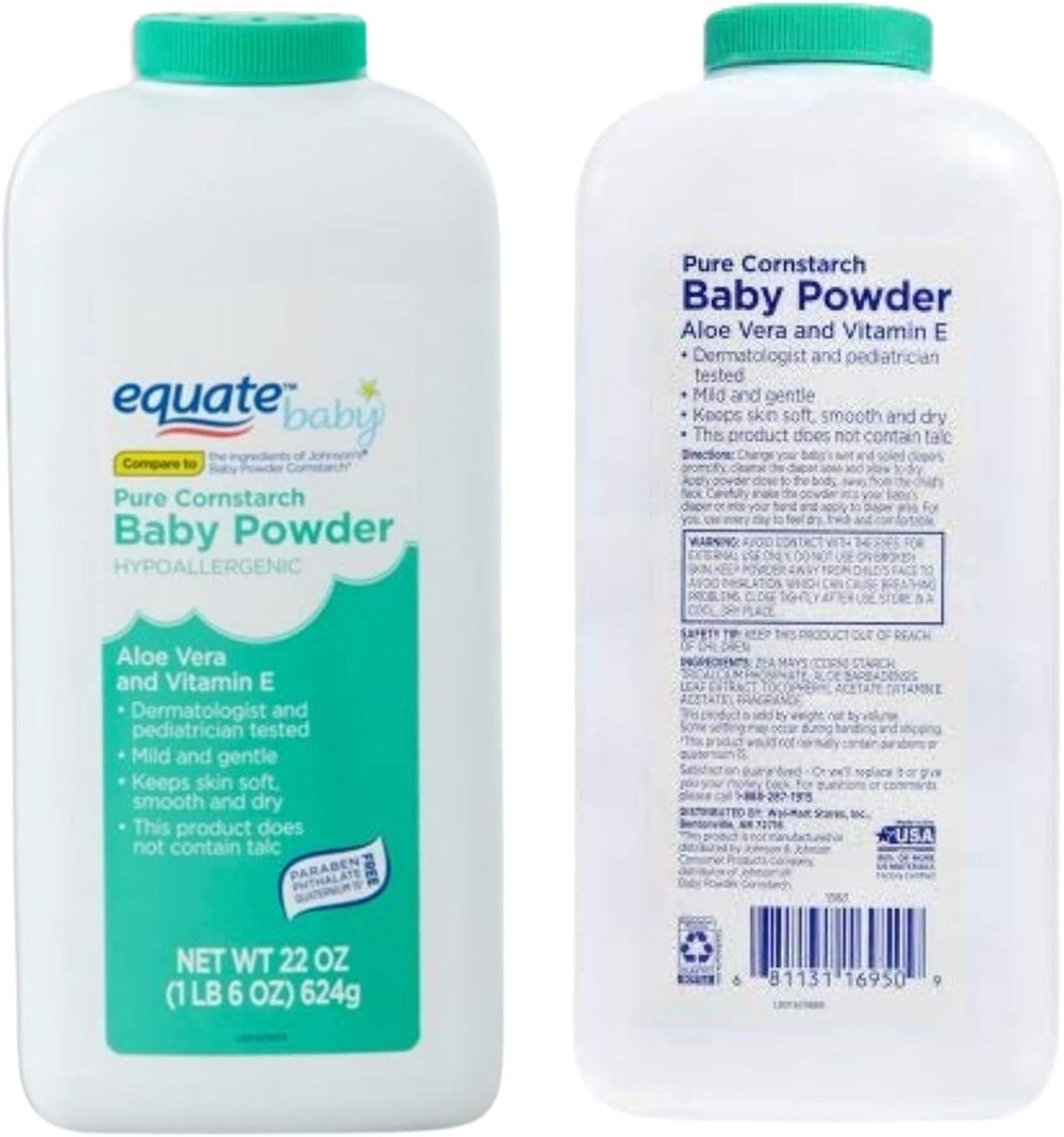 Equate Baby Powder hand-dispense shot shows easy, mess-free application.