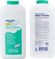 Equate Baby Powder hand-dispense shot shows easy, mess-free application.
