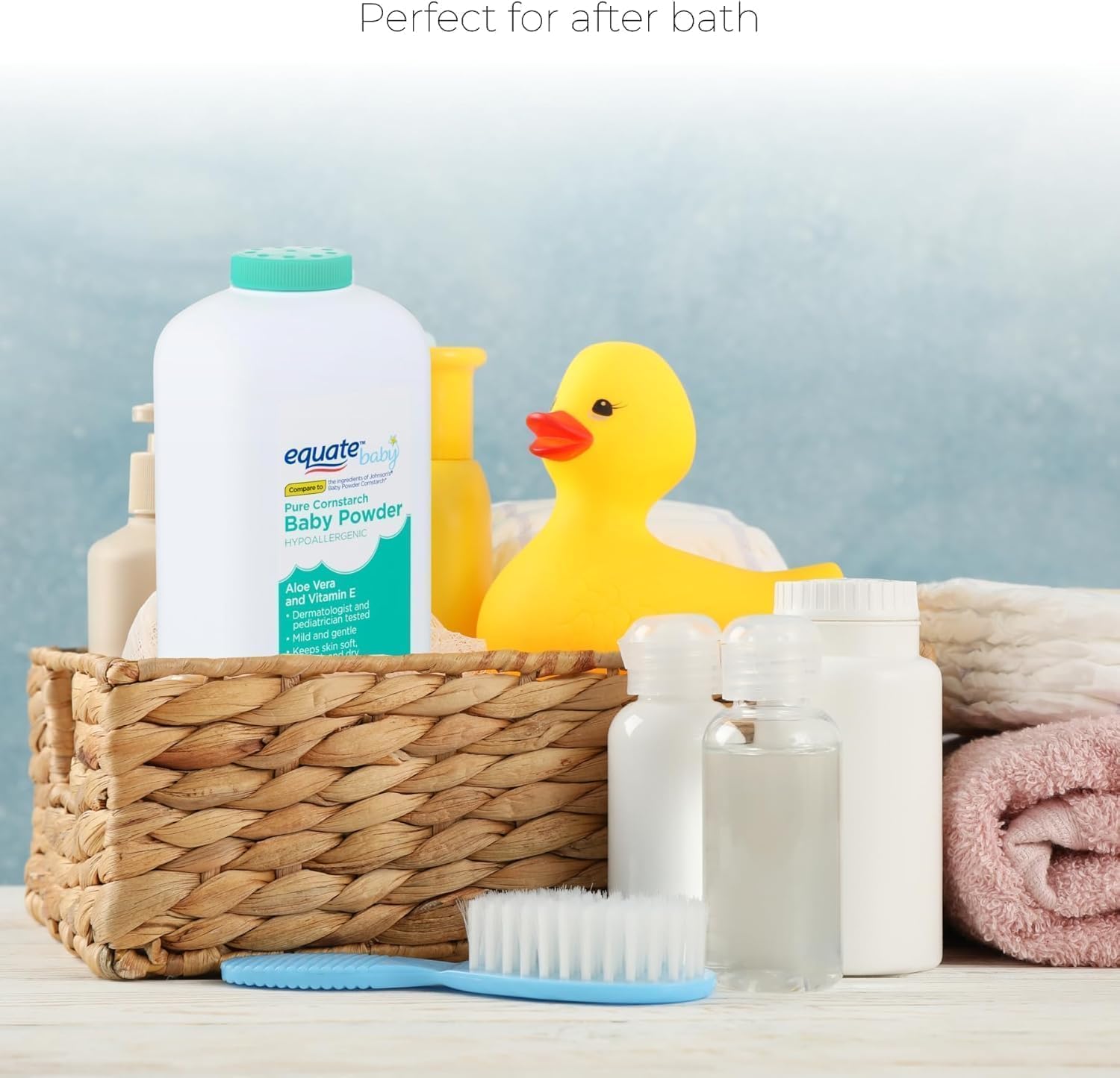 Equate hypoallergenic corn starch baby powder application scene buffers friction and moisture.