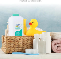 Equate hypoallergenic corn starch baby powder application scene buffers friction and moisture.