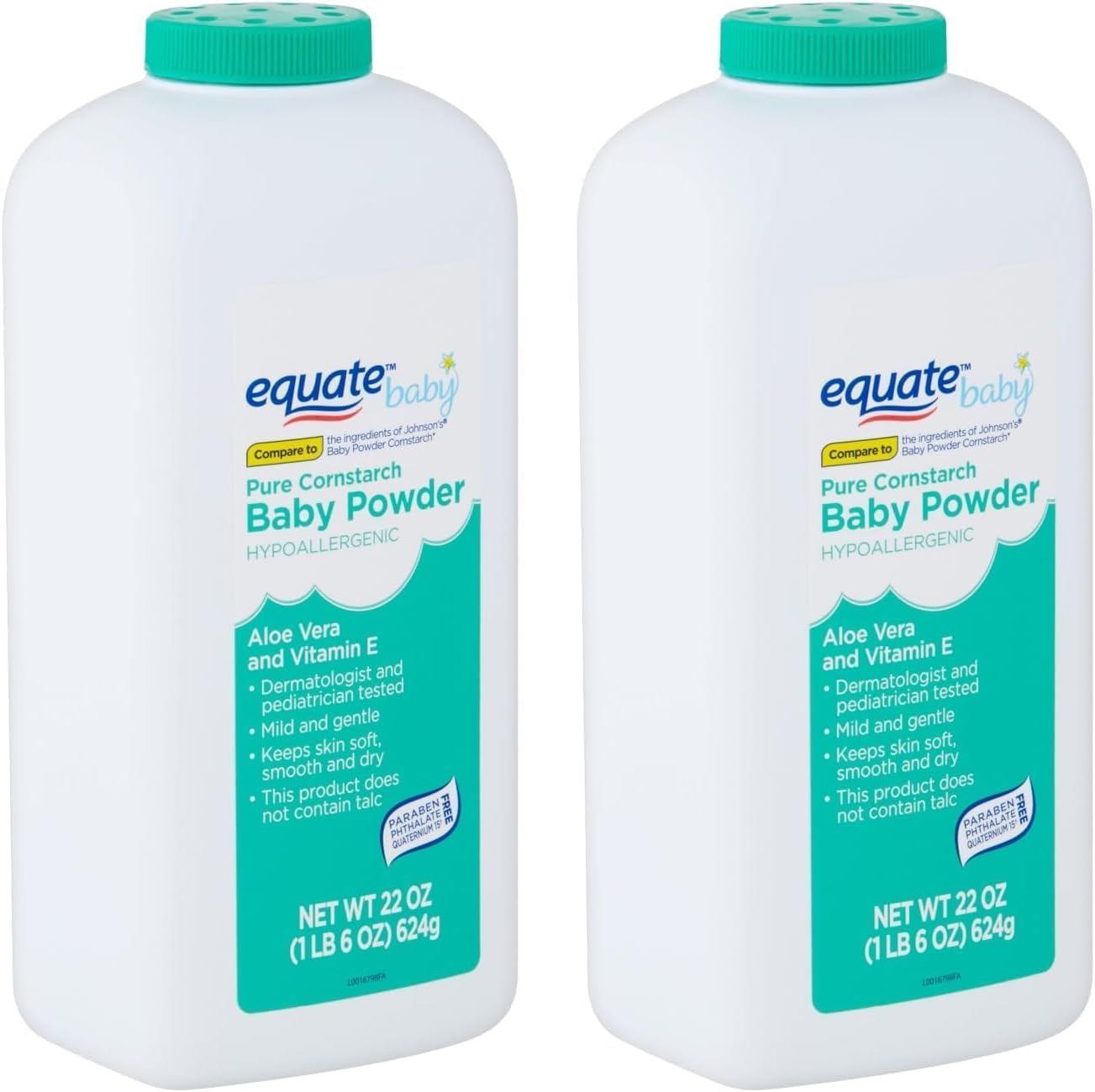 Equate Hypoallergenic corn starch baby powder bottle keeps skin dry and comfortable.