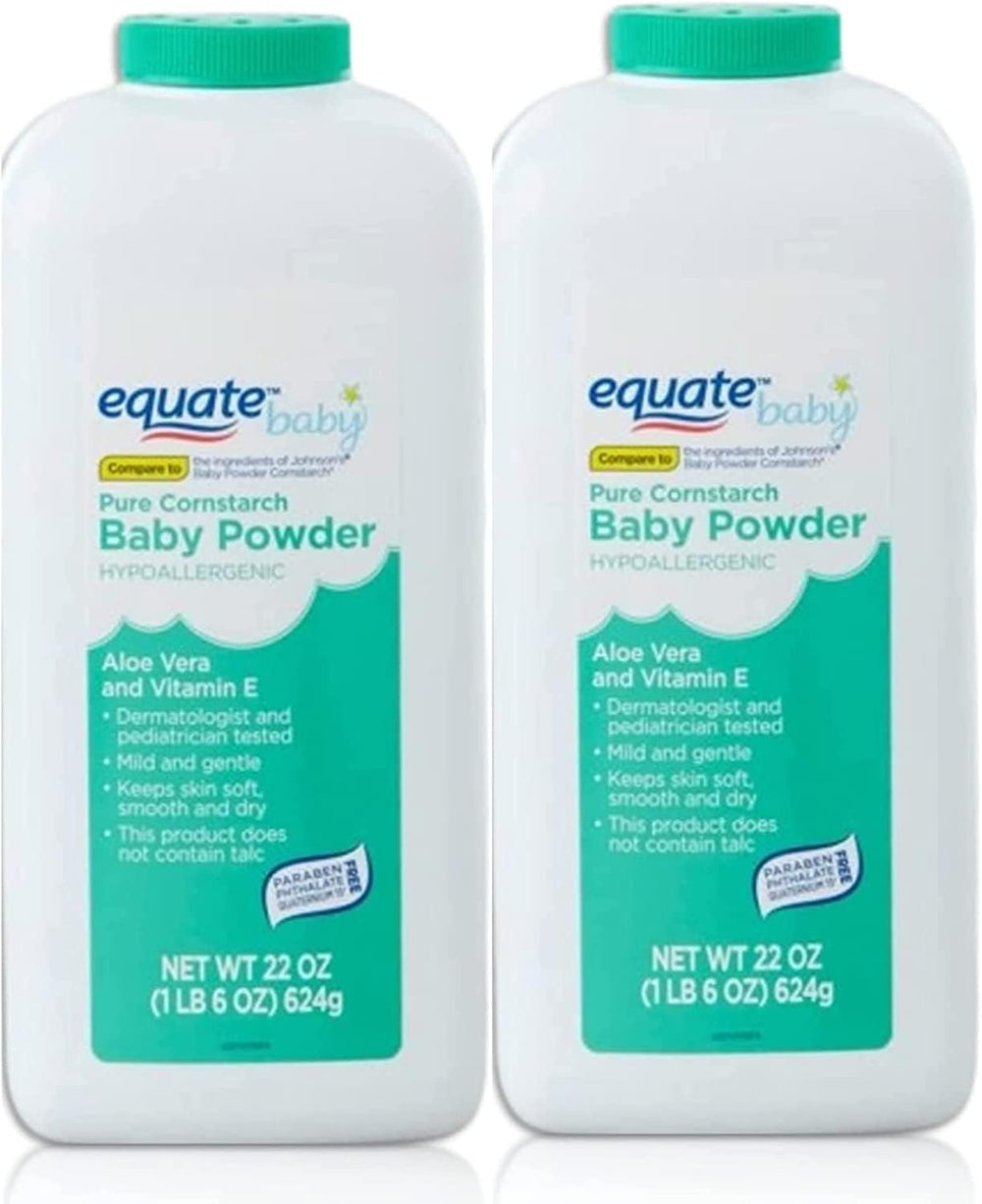 Equate Pure Cornstarch Baby Powder Aloe Vitamin E bottle viewed for everyday freshness.