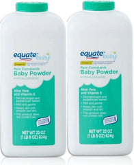 Equate Pure Cornstarch Baby Powder Aloe Vitamin E bottle viewed for everyday freshness.