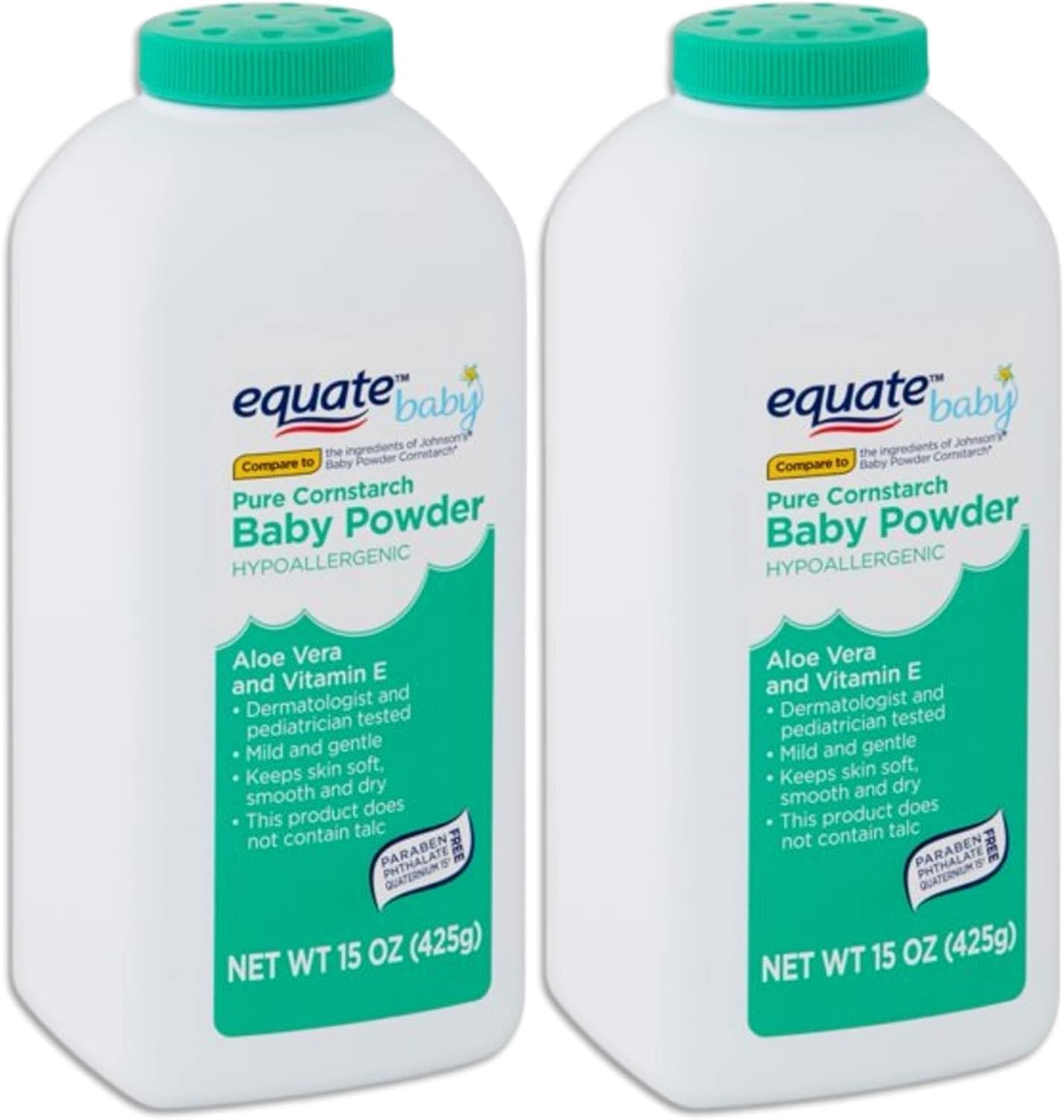 Equate Pure Cornstarch Baby Powder dusting action on skin; absorbs moisture for a smooth feel
