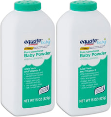 Equate Pure Cornstarch Baby Powder dusting action on skin; absorbs moisture for a smooth feel