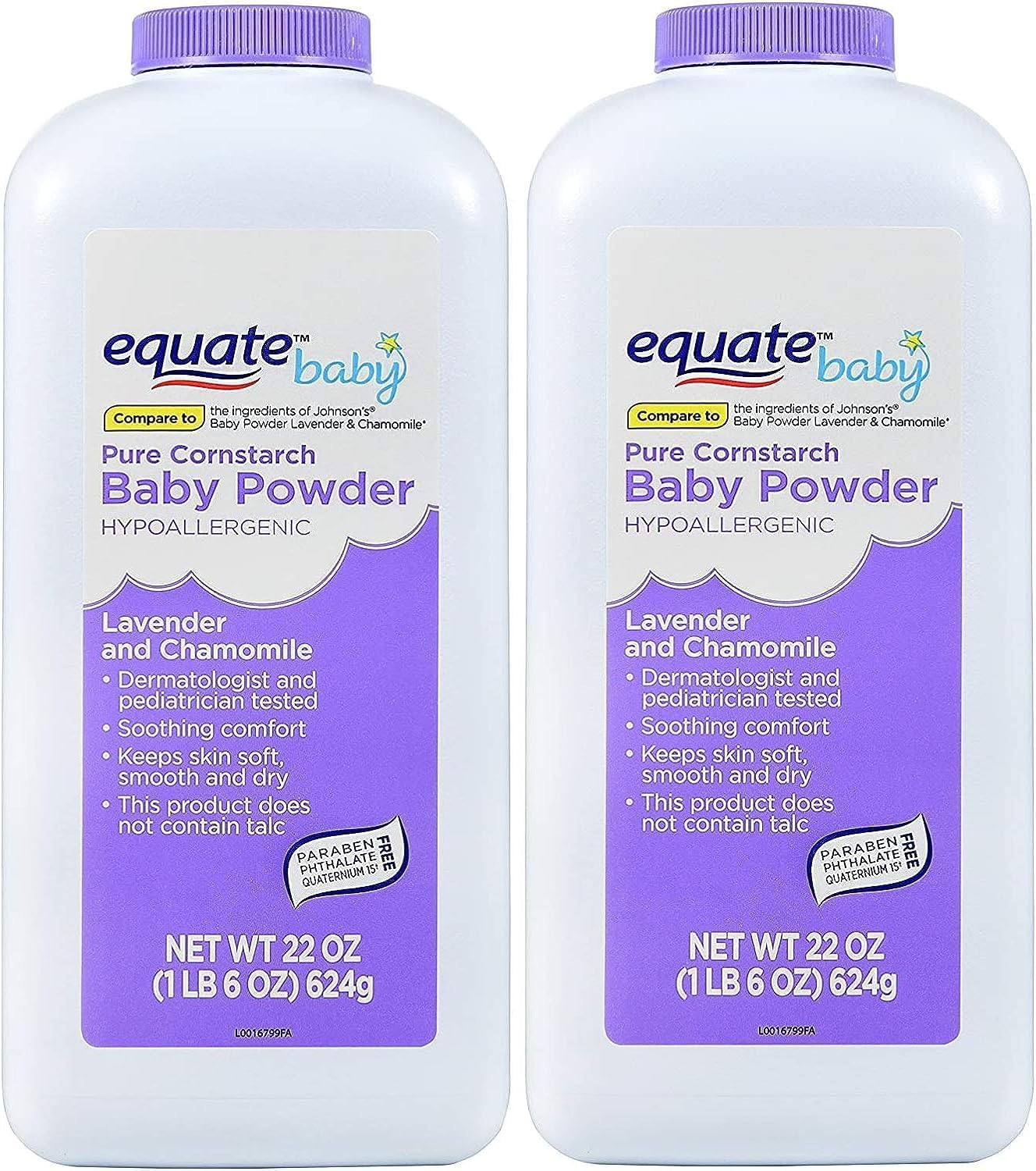 Equate Pure Cornstarch Baby Powder lavender chamomile bottle highlights 2-pack convenience