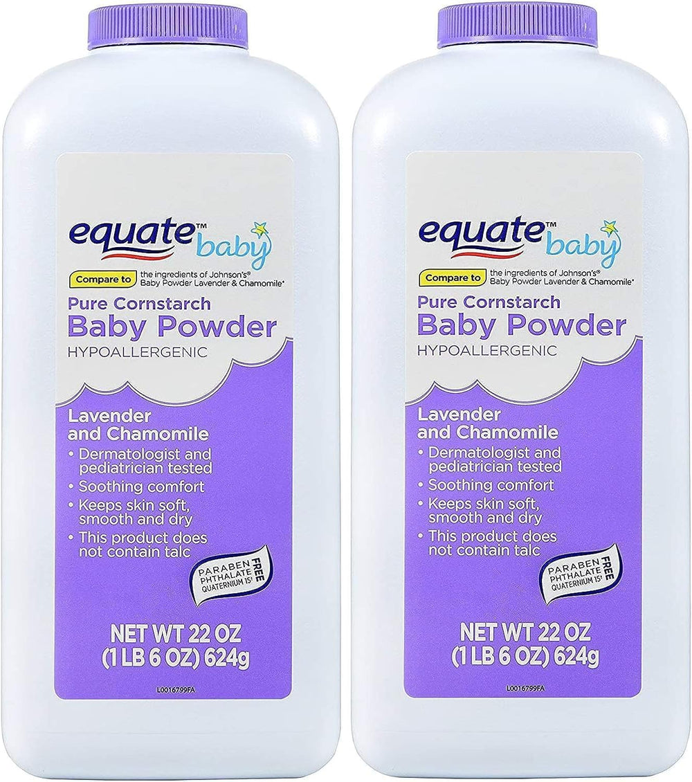 Equate Pure Cornstarch Baby Powder lavender chamomile bottle highlights 2-pack convenience