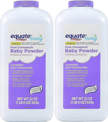 Equate Pure Cornstarch Baby Powder lavender chamomile bottle highlights 2-pack convenience
