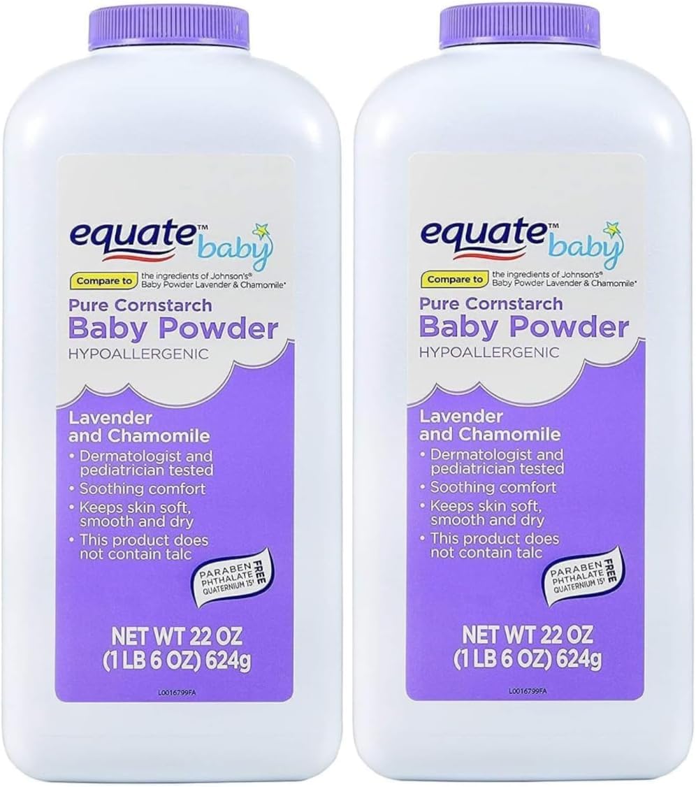 Equate Pure Cornstarch Baby Powder bottle with lavender chamomile scent for dry, soft skin.
